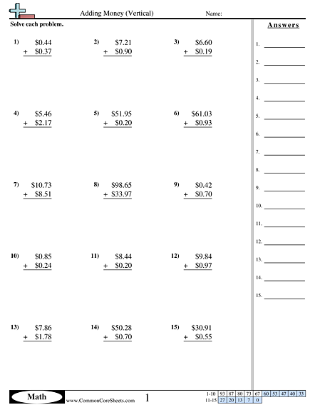 Money Worksheets - Adding Money (Vertical) worksheet
